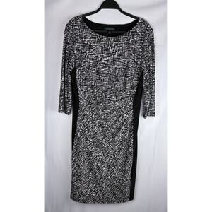 Lauren Ralph Lauren Sheath Dress Womens Sz 16 Black Geo Print ¾ Sleeve Ruched